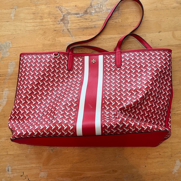 Tory Burch Red and White Patterned Tote - Picture 1 of 11